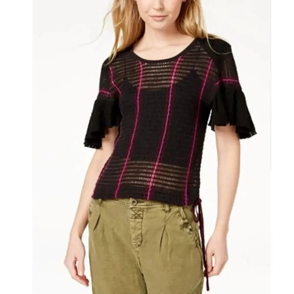 NWT Free People Babes Only Sweater Tee In Black with Pink Purple Stripe Size XS